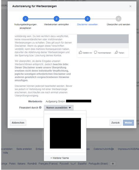 Wahlwerbung bei Facebook - Disclaimer erstellen